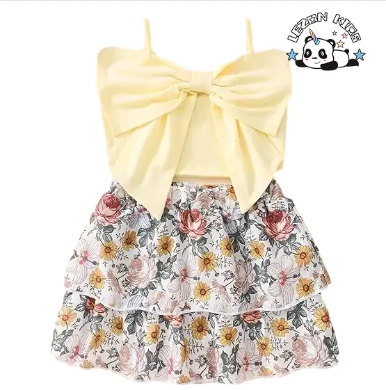 LEZONKIDS - Conjunto de Roupas para Meninas Personalizável de Top Cropped com Laço e Saia Floral para Festa de Verão